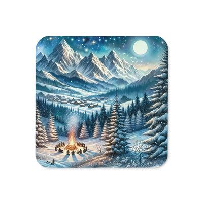 Aquarell eines Winterabends in den Alpen mit Lagerfeuer und Wanderern, glitzernder Neuschnee - Untersetzer camping xxx yyy zzz Default Title