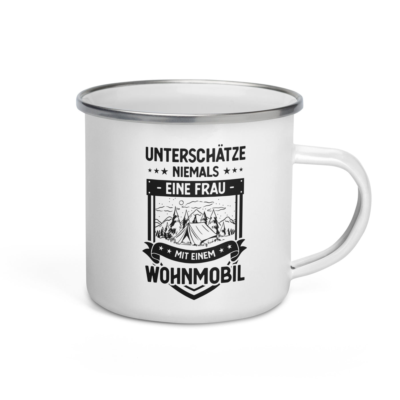 Unterschatze Niemals Eine Frau Mit Einem Wohnmobil - Emaille Tasse camping Default Title