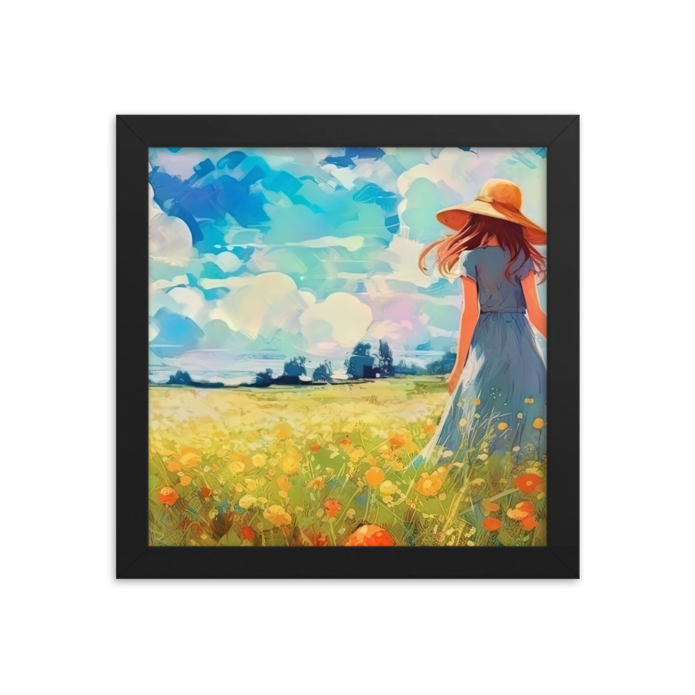 Dame mit Hut im Feld mit Blumen - Landschaftsmalerei - Premium Poster mit Rahmen camping xxx Black 25.4 x 25.4 cm