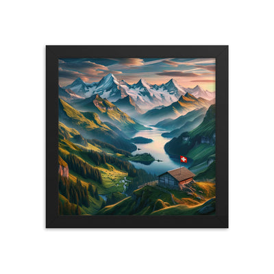 Schweizer Flagge, Alpenidylle: Dämmerlicht, epische Berge und stille Gewässer - Premium Poster mit Rahmen berge xxx yyy zzz 25.4 x 25.4 cm