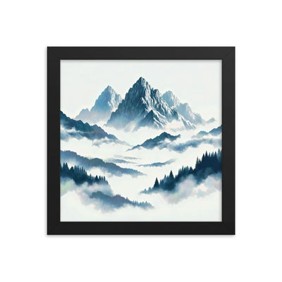 Nebeliger Alpenmorgen-Essenz, verdeckte Täler und Wälder - Premium Poster mit Rahmen berge xxx yyy zzz 25.4 x 25.4 cm