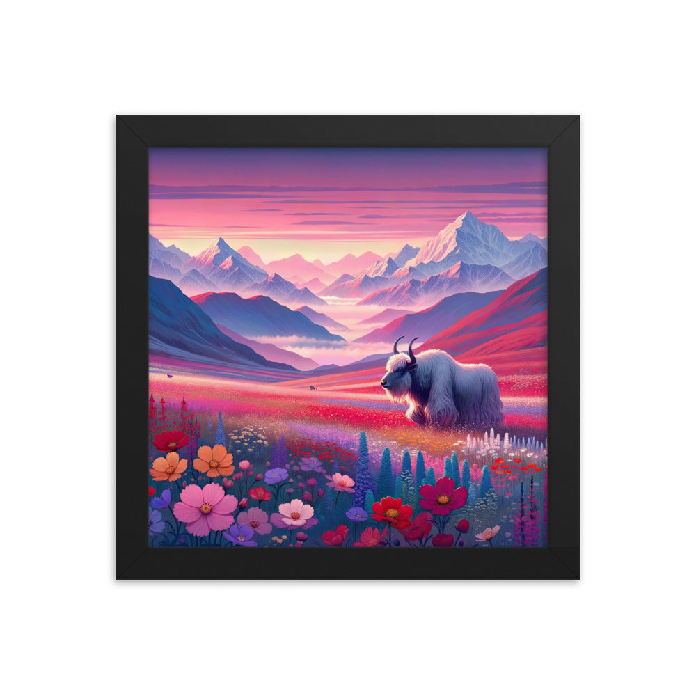 Verträumte Berg-Abenddämmerung mit Hochlandrind und blumigem Glanz - Premium Poster mit Rahmen berge xxx yyy zzz 25.4 x 25.4 cm