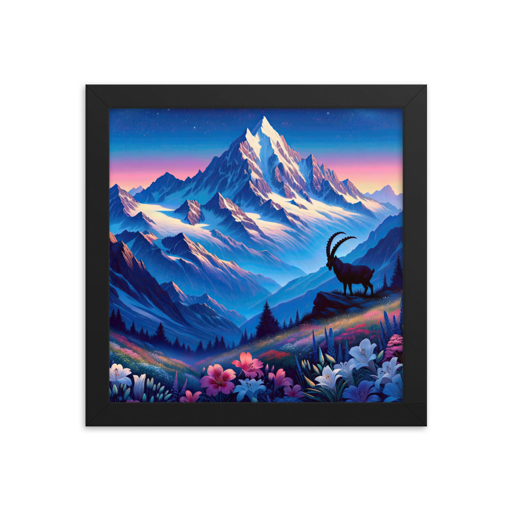 Steinbock bei Dämmerung in den Alpen, sonnengeküsste Schneegipfel - Premium Poster mit Rahmen berge xxx yyy zzz 25.4 x 25.4 cm