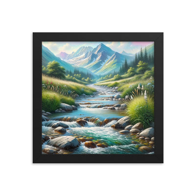 Sanfter Gebirgsbach in Ölgemälde, klares Wasser über glatten Felsen - Premium Poster mit Rahmen berge xxx yyy zzz 25.4 x 25.4 cm