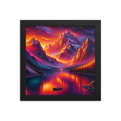 Ölgemälde eines Bootes auf einem Bergsee bei Sonnenuntergang, lebendige Orange-Lila Töne - Premium Poster mit Rahmen berge xxx yyy zzz 25.4 x 25.4 cm