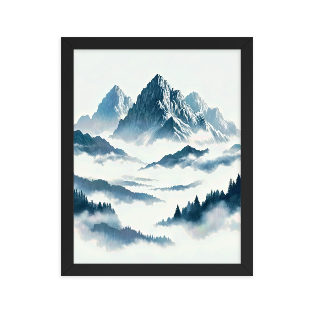 Nebeliger Alpenmorgen-Essenz, verdeckte Täler und Wälder - Premium Poster mit Rahmen berge xxx yyy zzz 27.9 x 35.6 cm