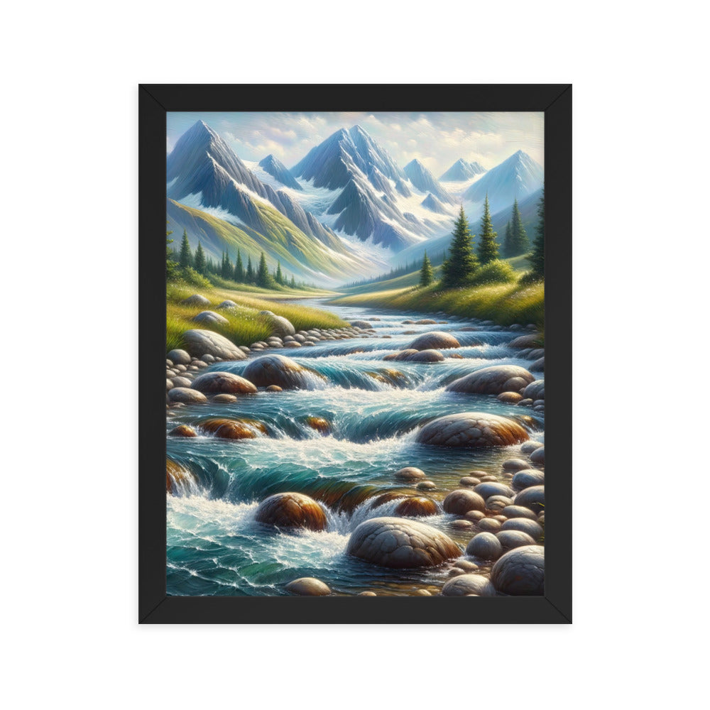 Ölgemälde eines Gebirgsbachs durch felsige Landschaft - Premium Poster mit Rahmen berge xxx yyy zzz 27.9 x 35.6 cm