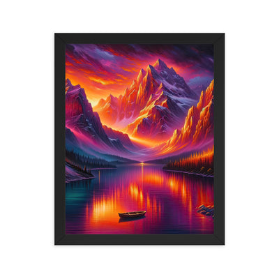 Ölgemälde eines Bootes auf einem Bergsee bei Sonnenuntergang, lebendige Orange-Lila Töne - Premium Poster mit Rahmen berge xxx yyy zzz 27.9 x 35.6 cm