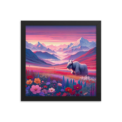 Verträumte Berg-Abenddämmerung mit Hochlandrind und blumigem Glanz - Premium Poster mit Rahmen berge xxx yyy zzz 30.5 x 30.5 cm