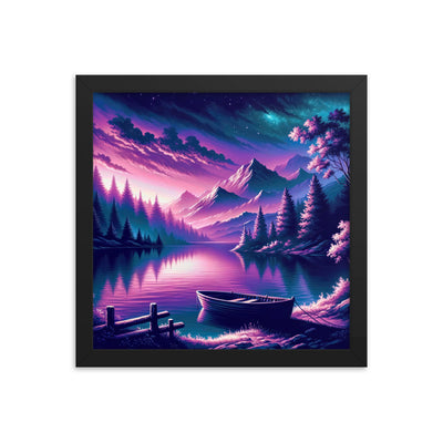 Magische Alpen-Dämmerung, rosa-lila Himmel und Bergsee mit Boot - Premium Poster mit Rahmen berge xxx yyy zzz 30.5 x 30.5 cm