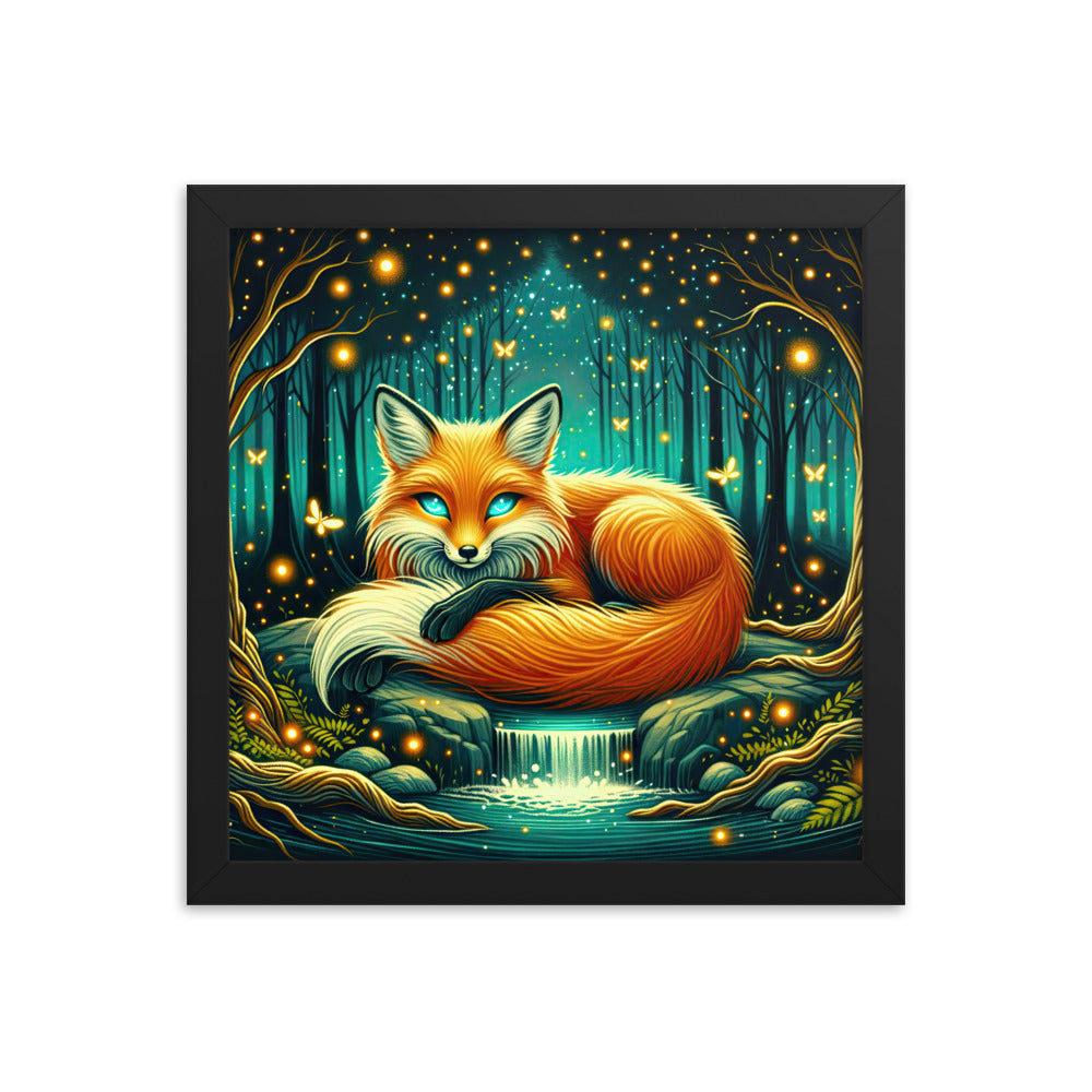 Bezaubernder Fuchs auf erleuchteter mystischer Waldlichtung - Premium Poster mit Rahmen camping xxx yyy zzz 30.5 x 30.5 cm