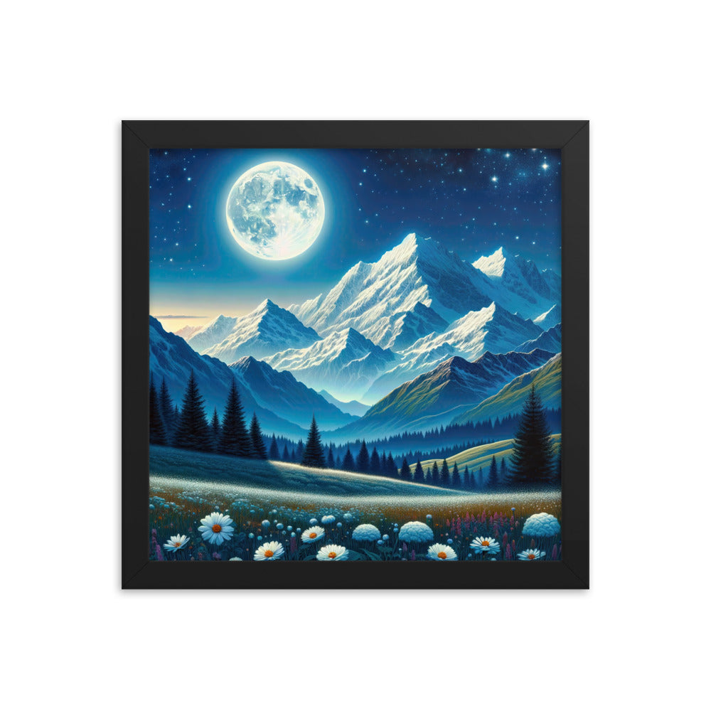 Klare frühlingshafte Alpennacht mit Blumen und Vollmond über Schneegipfeln - Premium Poster mit Rahmen berge xxx yyy zzz 30.5 x 30.5 cm