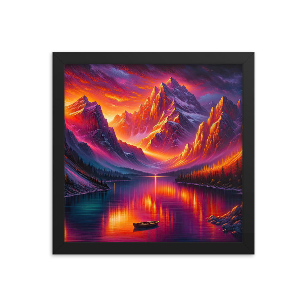 Ölgemälde eines Bootes auf einem Bergsee bei Sonnenuntergang, lebendige Orange-Lila Töne - Premium Poster mit Rahmen berge xxx yyy zzz 30.5 x 30.5 cm