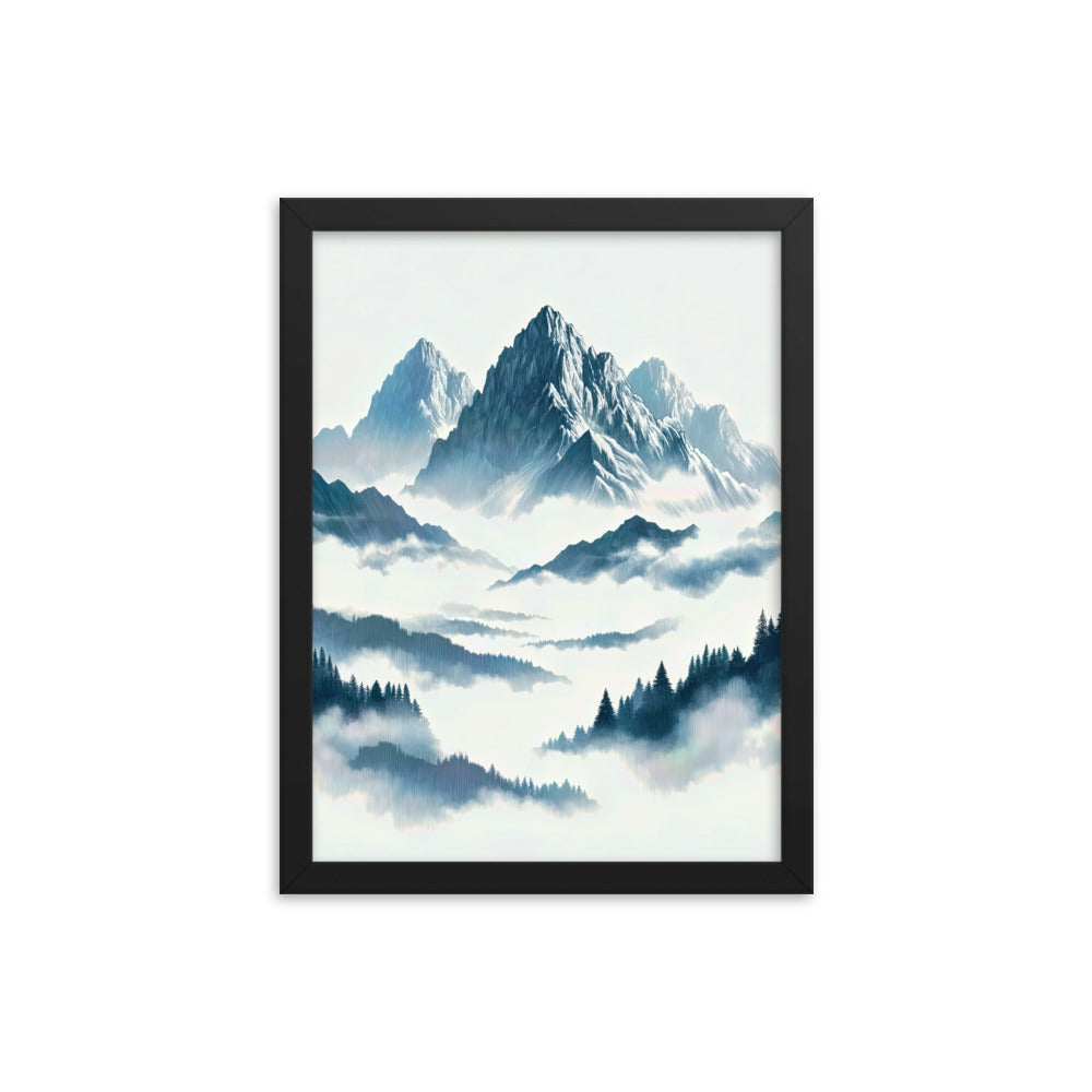 Nebeliger Alpenmorgen-Essenz, verdeckte Täler und Wälder - Premium Poster mit Rahmen berge xxx yyy zzz 30.5 x 40.6 cm