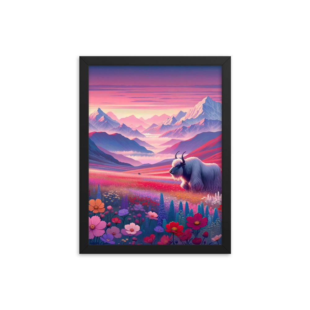 Verträumte Berg-Abenddämmerung mit Hochlandrind und blumigem Glanz - Premium Poster mit Rahmen berge xxx yyy zzz 30.5 x 40.6 cm