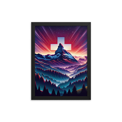 Alpenszene in Dämmerung mit Schweizer Flagge - Premium Poster mit Rahmen berge xxx yyy zzz 30.5 x 40.6 cm