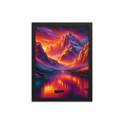 Ölgemälde eines Bootes auf einem Bergsee bei Sonnenuntergang, lebendige Orange-Lila Töne - Premium Poster mit Rahmen berge xxx yyy zzz 30.5 x 40.6 cm