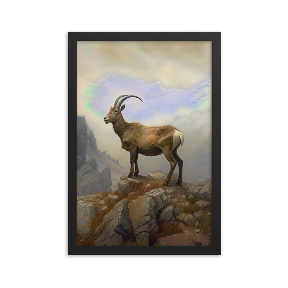 Steinbock am Berg - Wunderschöne Malerei - Premium Poster mit Rahmen berge xxx Black 30.5 x 45.7 cm