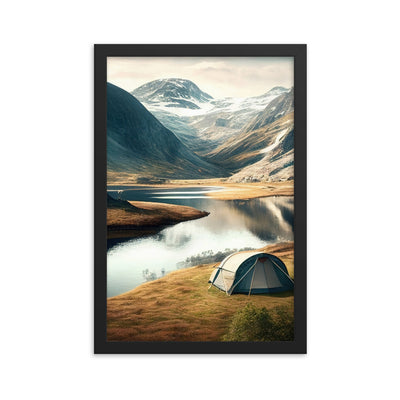 Zelt, Berge und Bergsee - Premium Poster mit Rahmen camping xxx Black 30.5 x 45.7 cm