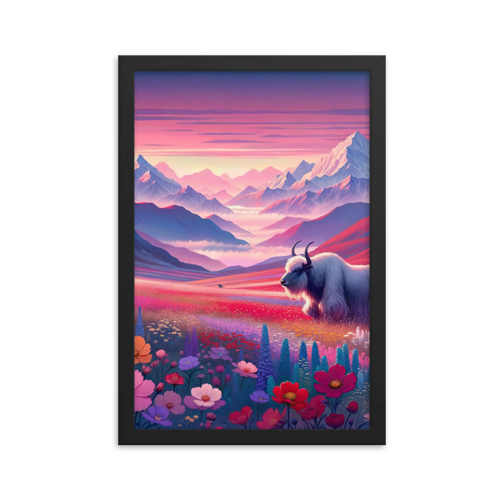 Verträumte Berg-Abenddämmerung mit Hochlandrind und blumigem Glanz - Premium Poster mit Rahmen berge xxx yyy zzz 30.5 x 45.7 cm