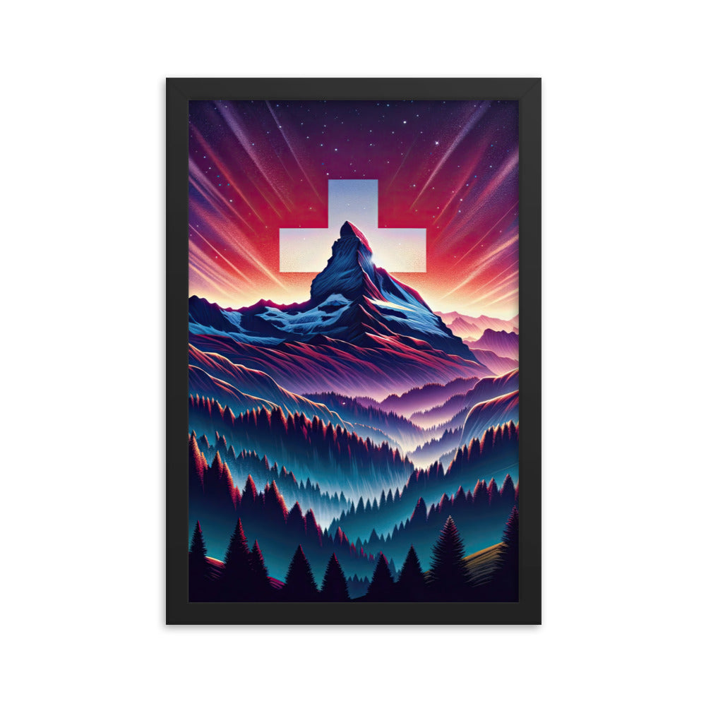 Alpenszene in Dämmerung mit Schweizer Flagge - Premium Poster mit Rahmen berge xxx yyy zzz 30.5 x 45.7 cm