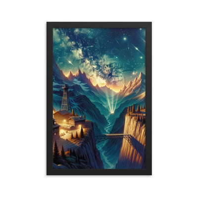 Alpine Wildnis mit Bergdorf unter sternenklarem Nachthimmel - Premium Poster mit Rahmen berge xxx yyy zzz 30.5 x 45.7 cm