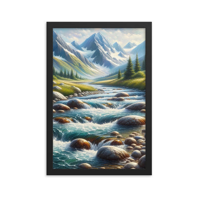 Ölgemälde eines Gebirgsbachs durch felsige Landschaft - Premium Poster mit Rahmen berge xxx yyy zzz 30.5 x 45.7 cm