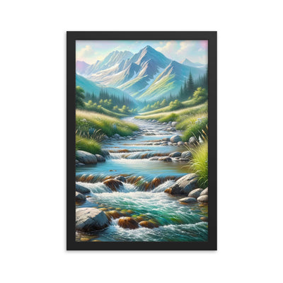 Sanfter Gebirgsbach in Ölgemälde, klares Wasser über glatten Felsen - Premium Poster mit Rahmen berge xxx yyy zzz 30.5 x 45.7 cm