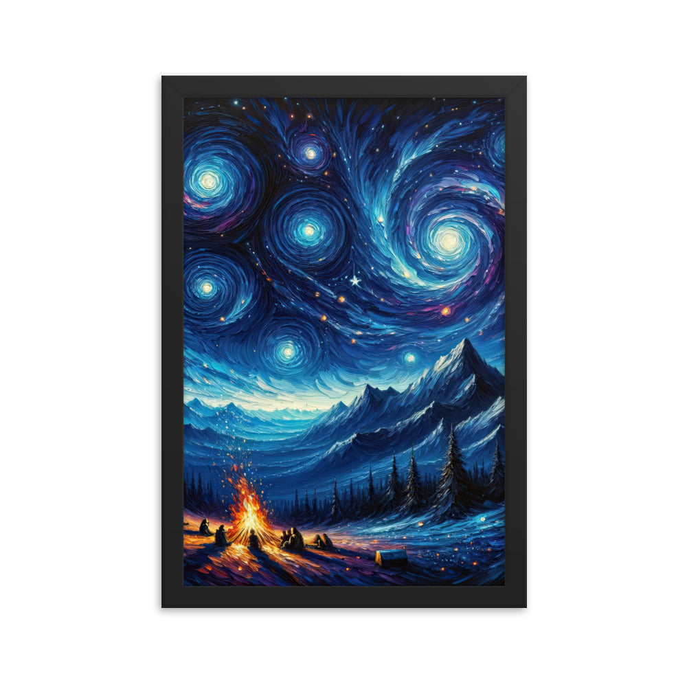 Sternennacht über den Alpen inspiriertes Ölgemälde, mystischer Nachthimmel in Blau - Premium Poster mit Rahmen camping xxx yyy zzz 30.5 x 45.7 cm