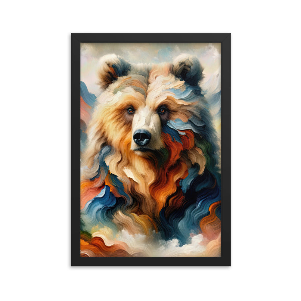 Ölgemälde mit Bär und abstrakter Alpeninterpretation, Verschmelzung von Natur und Kunst - Premium Poster mit Rahmen camping xxx yyy zzz 30.5 x 45.7 cm