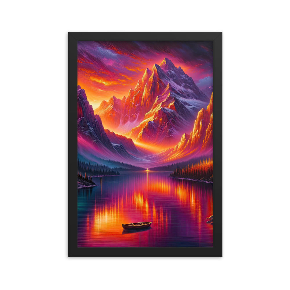 Ölgemälde eines Bootes auf einem Bergsee bei Sonnenuntergang, lebendige Orange-Lila Töne - Premium Poster mit Rahmen berge xxx yyy zzz 30.5 x 45.7 cm