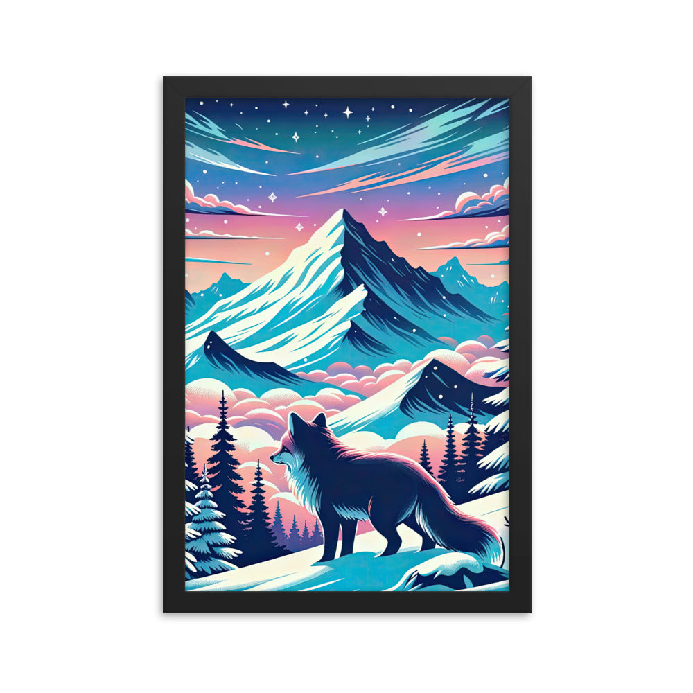 Vektorgrafik eines alpinen Winterwunderlandes mit schneebedeckten Kiefern und einem Fuchs - Premium Poster mit Rahmen camping xxx yyy zzz 30.5 x 45.7 cm