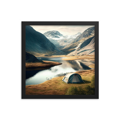 Zelt, Berge und Bergsee - Premium Poster mit Rahmen camping xxx Black 35.6 x 35.6 cm