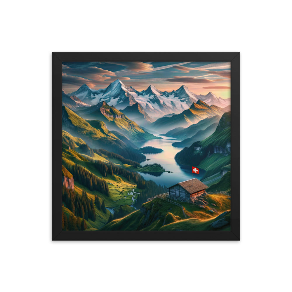 Schweizer Flagge, Alpenidylle: Dämmerlicht, epische Berge und stille Gewässer - Premium Poster mit Rahmen berge xxx yyy zzz 35.6 x 35.6 cm