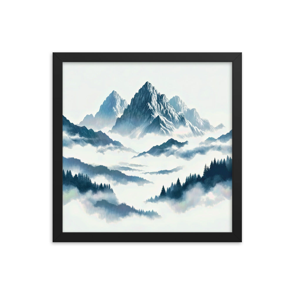 Nebeliger Alpenmorgen-Essenz, verdeckte Täler und Wälder - Premium Poster mit Rahmen berge xxx yyy zzz 35.6 x 35.6 cm