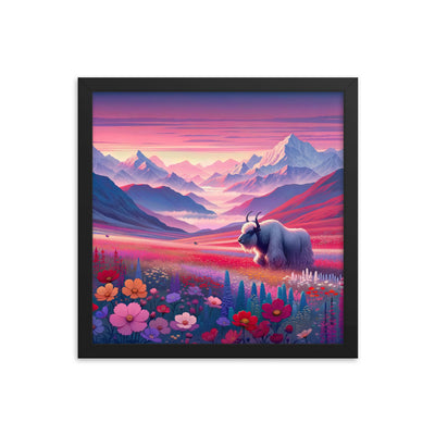 Verträumte Berg-Abenddämmerung mit Hochlandrind und blumigem Glanz - Premium Poster mit Rahmen berge xxx yyy zzz 35.6 x 35.6 cm