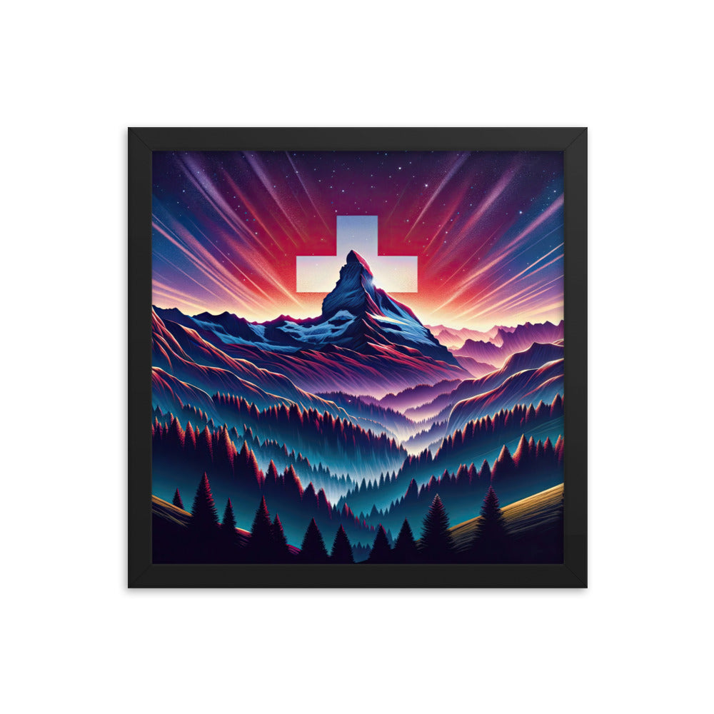 Alpenszene in Dämmerung mit Schweizer Flagge - Premium Poster mit Rahmen berge xxx yyy zzz 35.6 x 35.6 cm