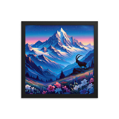 Steinbock bei Dämmerung in den Alpen, sonnengeküsste Schneegipfel - Premium Poster mit Rahmen berge xxx yyy zzz 35.6 x 35.6 cm