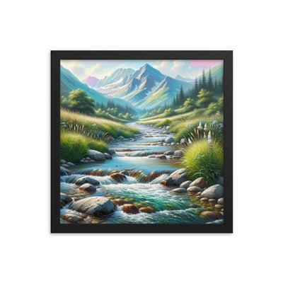 Sanfter Gebirgsbach in Ölgemälde, klares Wasser über glatten Felsen - Premium Poster mit Rahmen berge xxx yyy zzz 35.6 x 35.6 cm