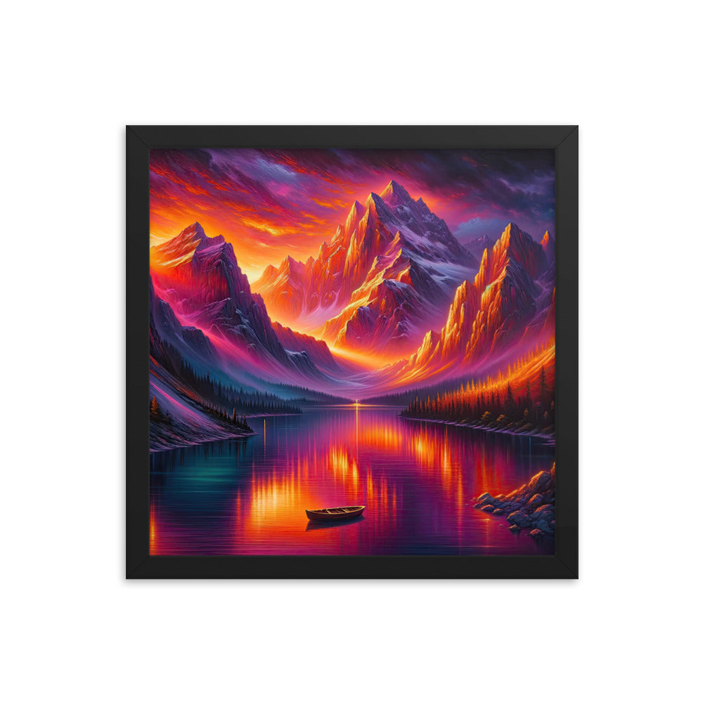 Ölgemälde eines Bootes auf einem Bergsee bei Sonnenuntergang, lebendige Orange-Lila Töne - Premium Poster mit Rahmen berge xxx yyy zzz 35.6 x 35.6 cm