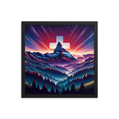 Alpenszene in Dämmerung mit Schweizer Flagge - Premium Poster mit Rahmen berge xxx yyy zzz 40.6 x 40.6 cm