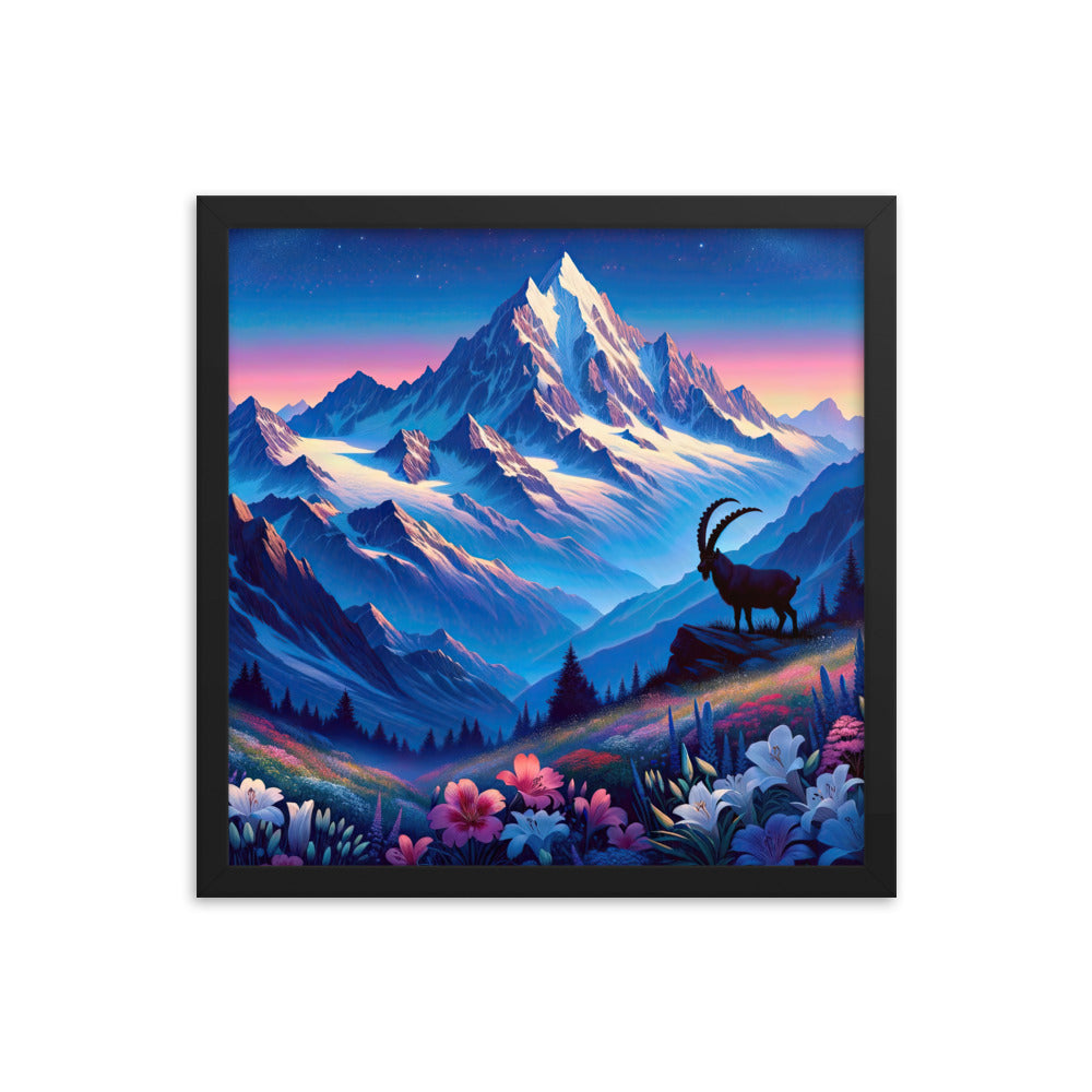 Steinbock bei Dämmerung in den Alpen, sonnengeküsste Schneegipfel - Premium Poster mit Rahmen berge xxx yyy zzz 40.6 x 40.6 cm