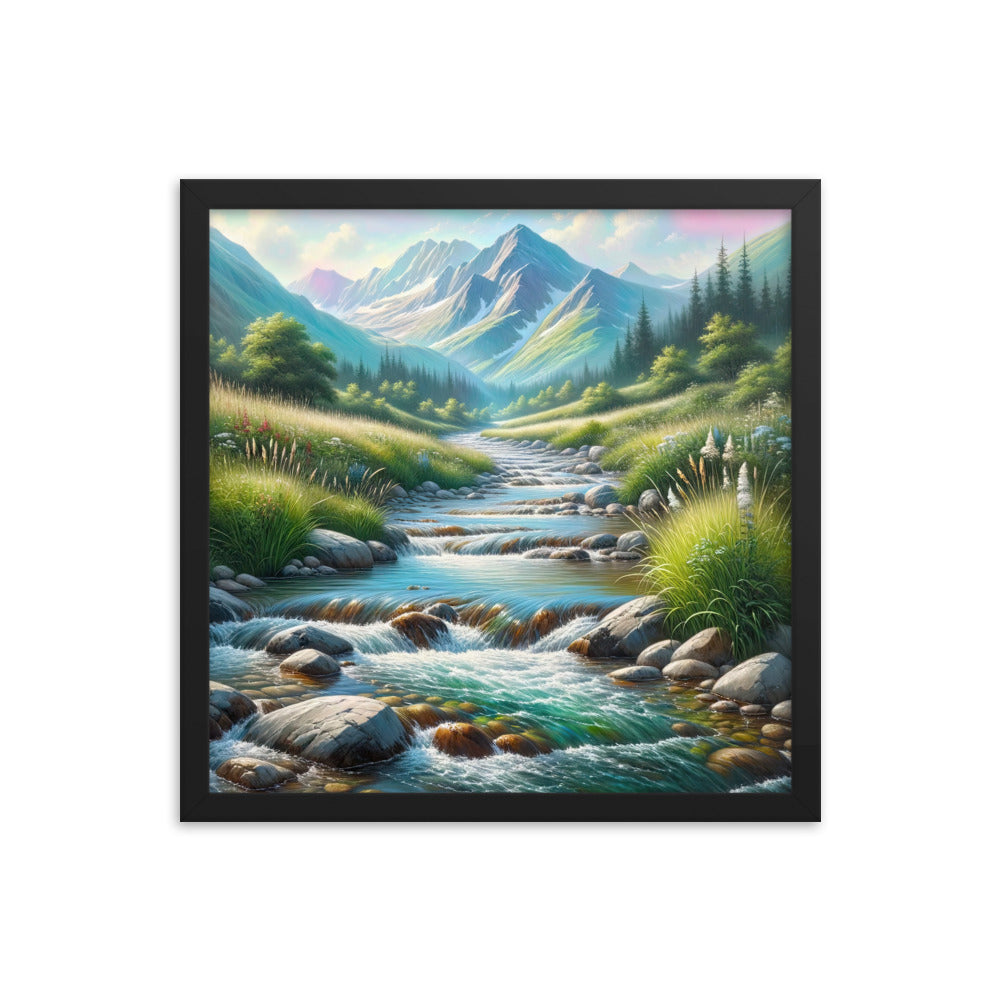 Sanfter Gebirgsbach in Ölgemälde, klares Wasser über glatten Felsen - Premium Poster mit Rahmen berge xxx yyy zzz 40.6 x 40.6 cm