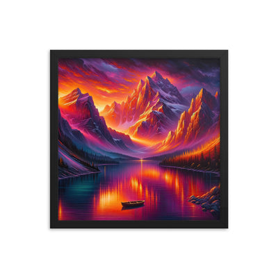 Ölgemälde eines Bootes auf einem Bergsee bei Sonnenuntergang, lebendige Orange-Lila Töne - Premium Poster mit Rahmen berge xxx yyy zzz 40.6 x 40.6 cm