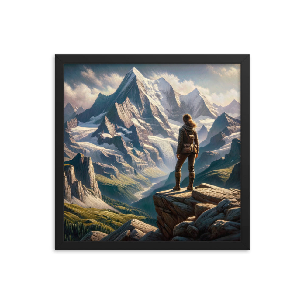 Ölgemälde der Alpengipfel mit Schweizer Abenteurerin auf Felsvorsprung - Premium Poster mit Rahmen wandern xxx yyy zzz 40.6 x 40.6 cm