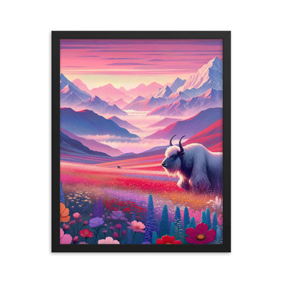 Verträumte Berg-Abenddämmerung mit Hochlandrind und blumigem Glanz - Premium Poster mit Rahmen berge xxx yyy zzz 40.6 x 50.8 cm