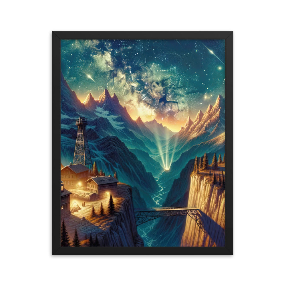 Alpine Wildnis mit Bergdorf unter sternenklarem Nachthimmel - Premium Poster mit Rahmen berge xxx yyy zzz 40.6 x 50.8 cm