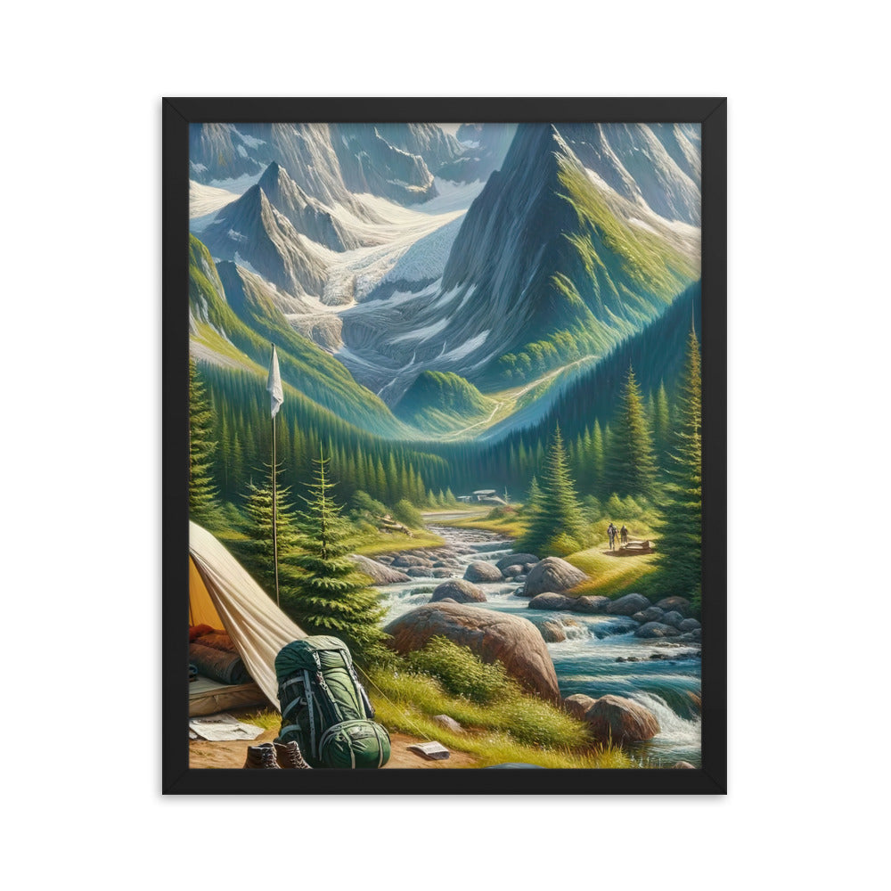 Ölgemälde der Alpensommerlandschaft mit Zelt, Gipfeln, Wäldern und Bächen - Premium Poster mit Rahmen camping xxx yyy zzz 40.6 x 50.8 cm