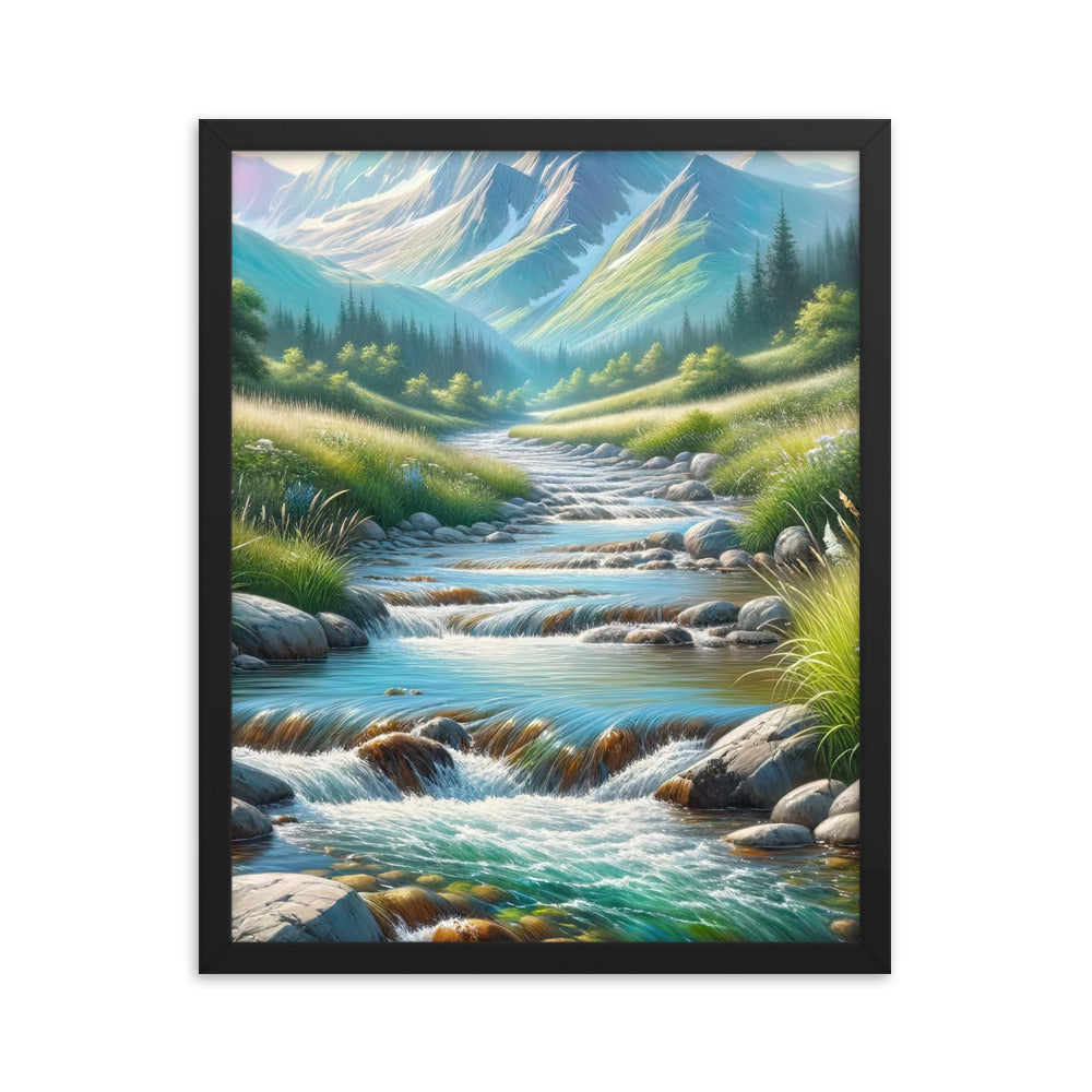 Sanfter Gebirgsbach in Ölgemälde, klares Wasser über glatten Felsen - Premium Poster mit Rahmen berge xxx yyy zzz 40.6 x 50.8 cm