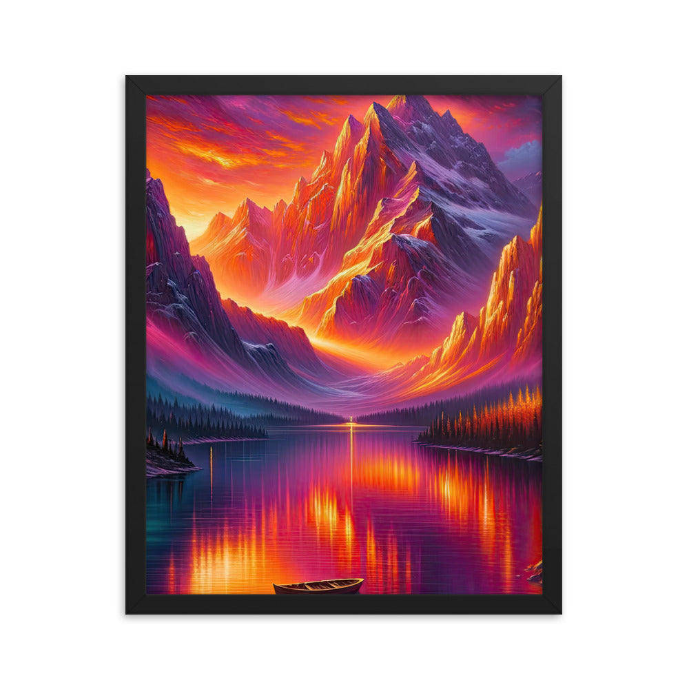 Ölgemälde eines Bootes auf einem Bergsee bei Sonnenuntergang, lebendige Orange-Lila Töne - Premium Poster mit Rahmen berge xxx yyy zzz 40.6 x 50.8 cm